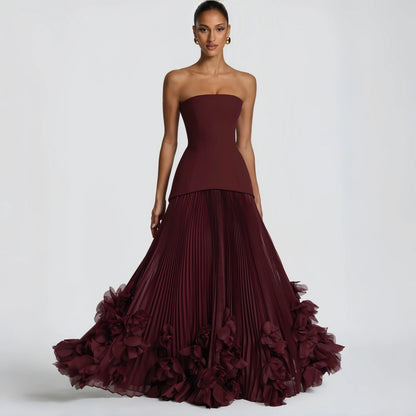 Retro Burgundy Strapless Corset Prom Dress