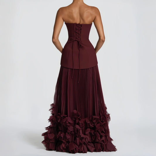 Retro Burgundy Strapless Corset Prom Dress